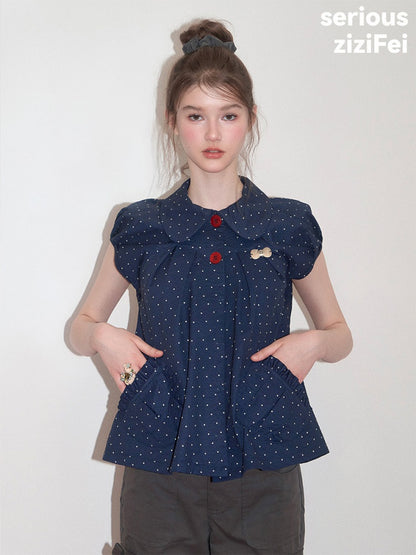 Vintage Doll Collar Polka Dot Deep Blue Short-Sleeved Shirt【s0000017591】