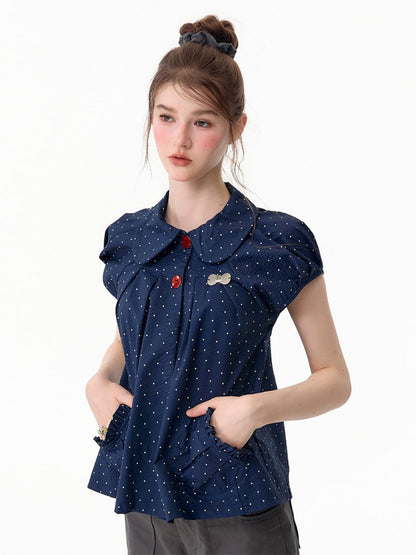 Vintage Doll Collar Polka Dot Deep Blue Short-Sleeved Shirt【s0000017591】