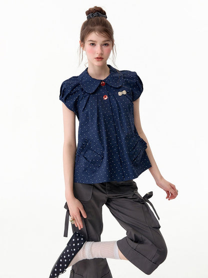 Vintage Doll Collar Polka Dot Deep Blue Short-Sleeved Shirt【s0000017591】