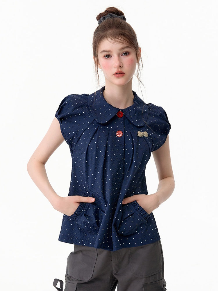 Vintage Doll Collar Polka Dot Deep Blue Short-Sleeved Shirt【s0000017591】