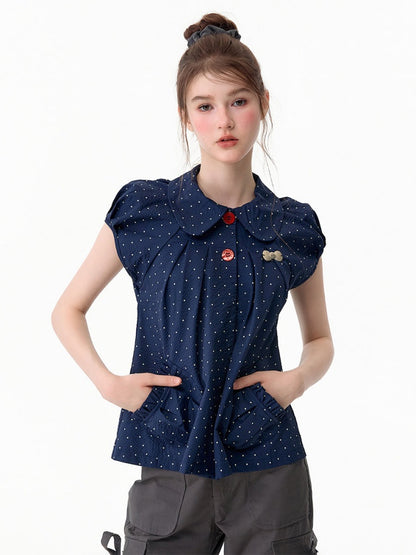 Vintage Doll Collar Polka Dot Deep Blue Short-Sleeved Shirt【s0000017591】