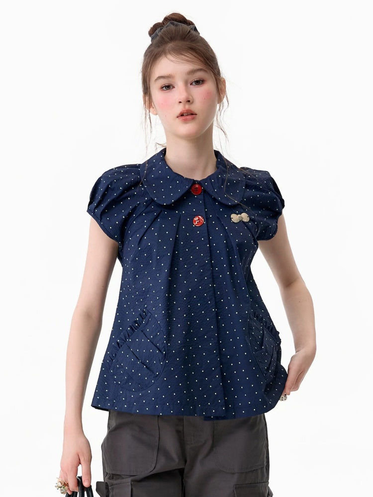 Vintage Doll Collar Polka Dot Deep Blue Short-Sleeved Shirt【s0000017591】