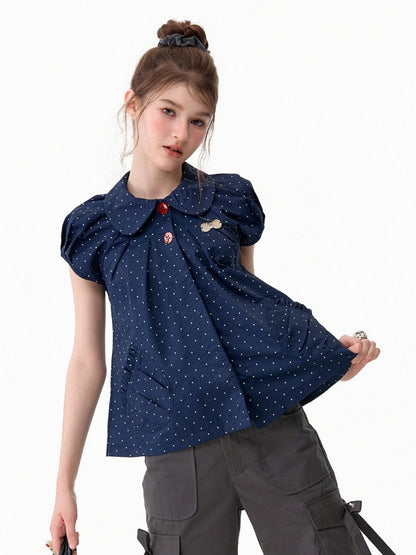 Vintage Doll Collar Polka Dot Deep Blue Short-Sleeved Shirt【s0000017591】