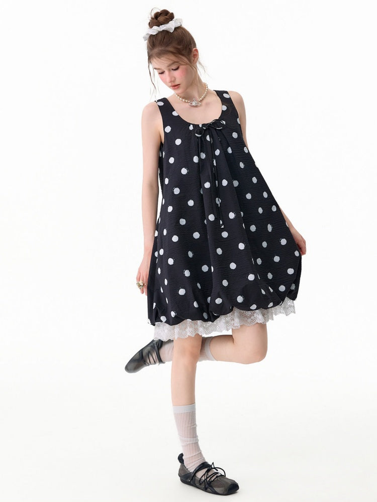 Lazy Style Black Wave Patchwork Lace Sleeveless Dress【s0000017592】