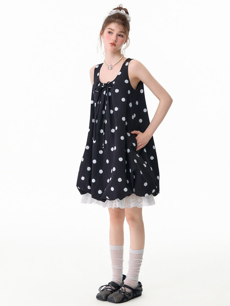 Lazy Style Black Wave Patchwork Lace Sleeveless Dress【s0000017592】