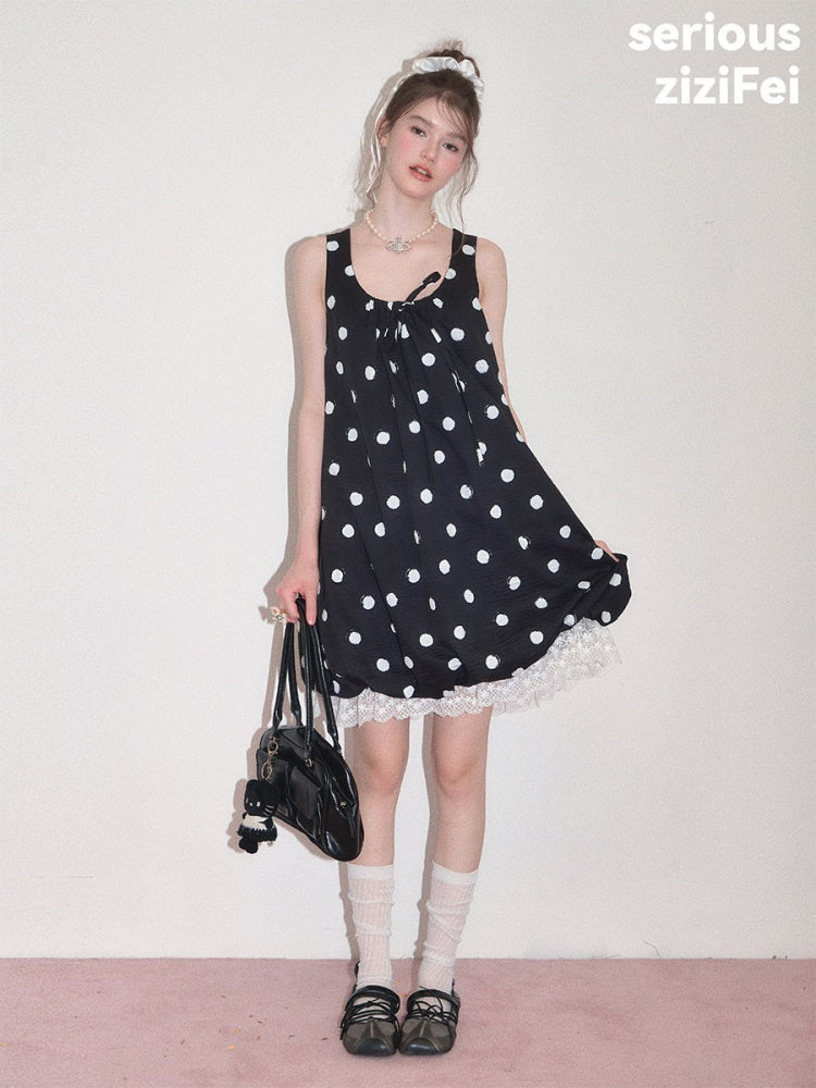Lazy Style Black Wave Patchwork Lace Sleeveless Dress【s0000017592】