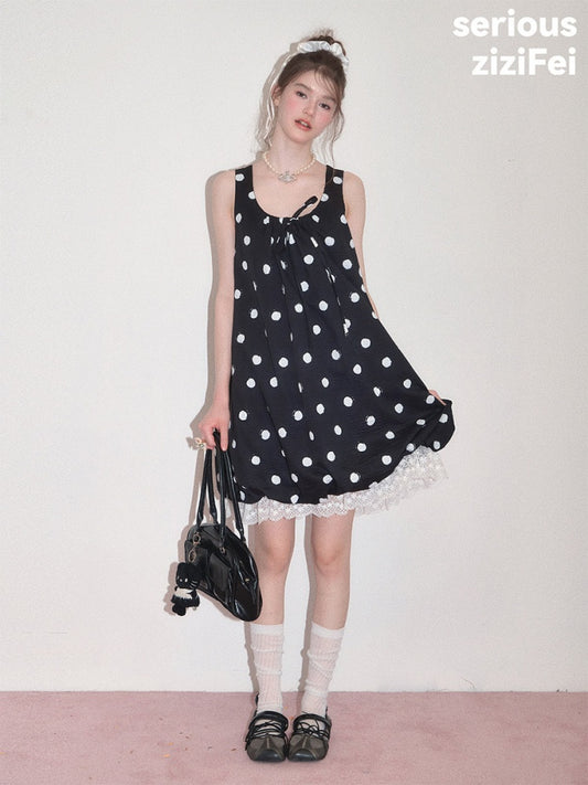 Lazy Style Black Wave Patchwork Lace Sleeveless Dress【s0000017592】