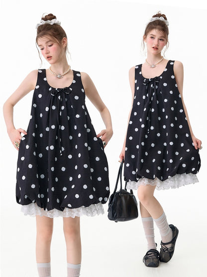 Lazy Style Black Wave Patchwork Lace Sleeveless Dress【s0000017592】