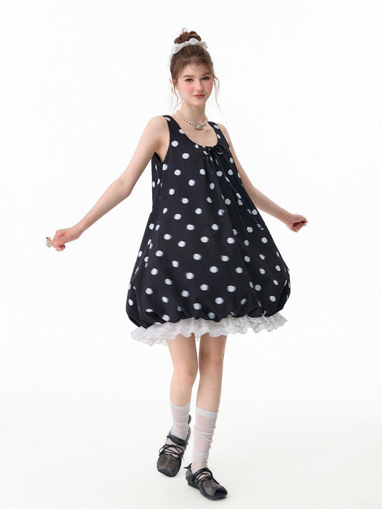 Lazy Style Black Wave Patchwork Lace Sleeveless Dress【s0000017592】