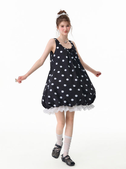Lazy Style Black Wave Patchwork Lace Sleeveless Dress【s0000017592】