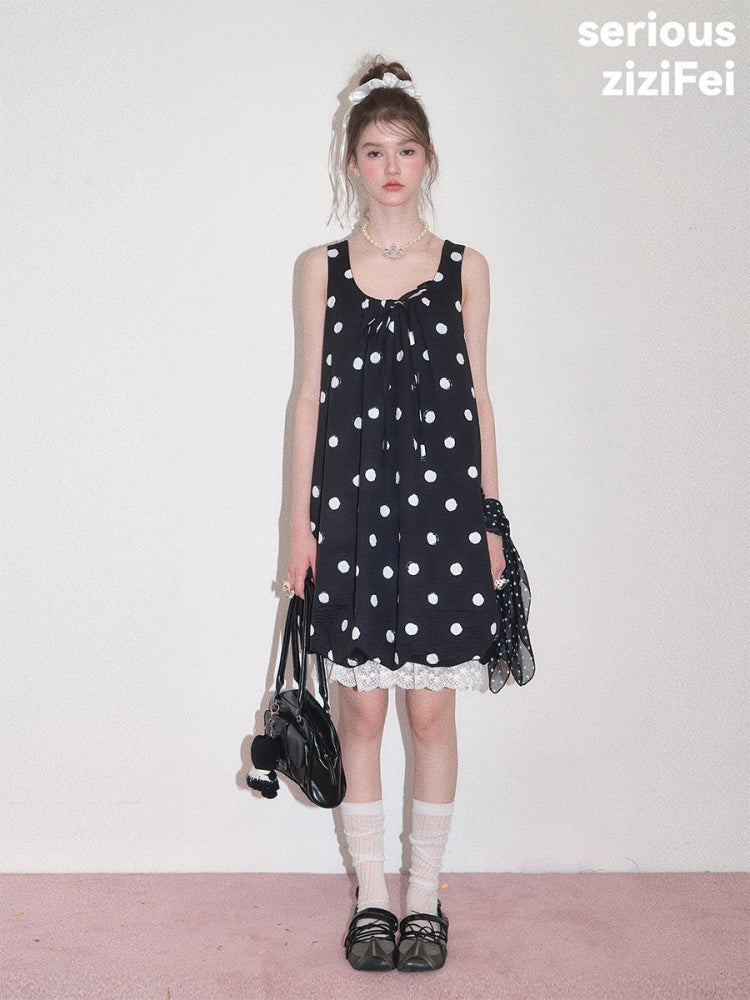 Lazy Style Black Wave Patchwork Lace Sleeveless Dress【s0000017592】