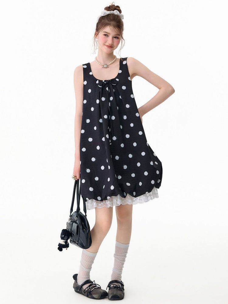 Lazy Style Black Wave Patchwork Lace Sleeveless Dress【s0000017592】
