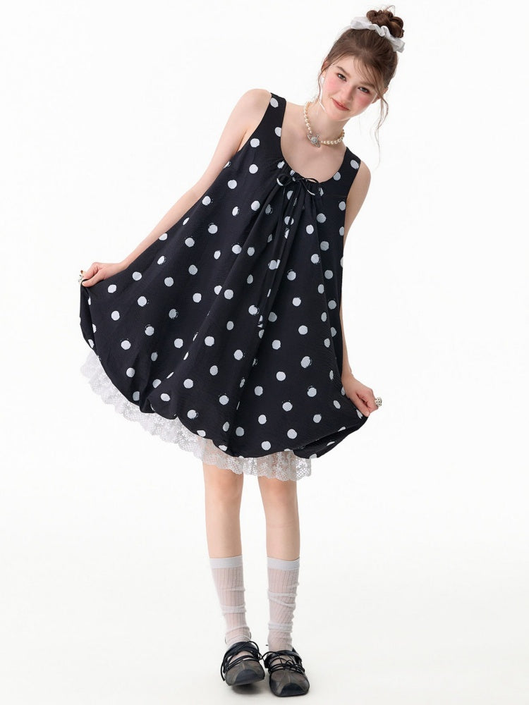Lazy Style Black Wave Patchwork Lace Sleeveless Dress【s0000017592】