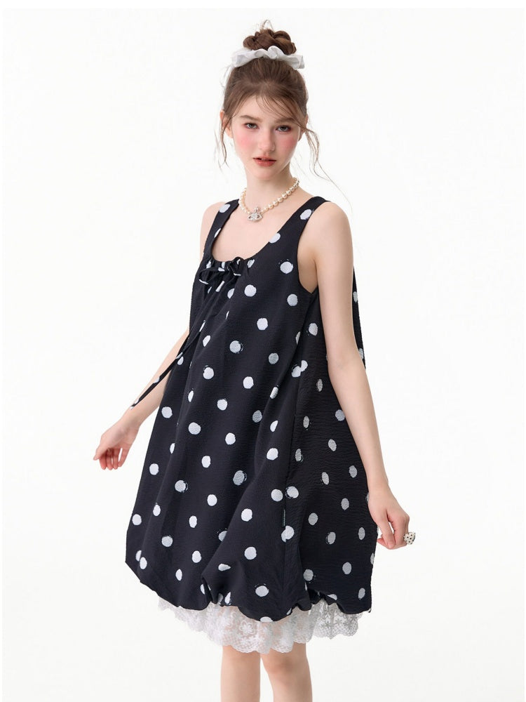 Lazy Style Black Wave Patchwork Lace Sleeveless Dress【s0000017592】