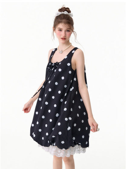 Lazy Style Black Wave Patchwork Lace Sleeveless Dress【s0000017592】