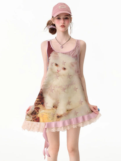 Cat Print Lace Irregular Hem Pink Vest Dress【s0000017593】