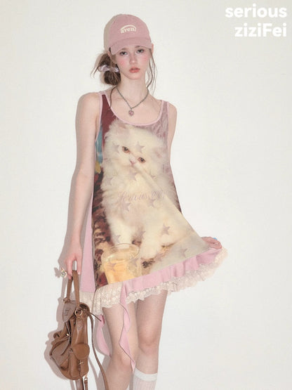 Cat Print Lace Irregular Hem Pink Vest Dress【s0000017593】