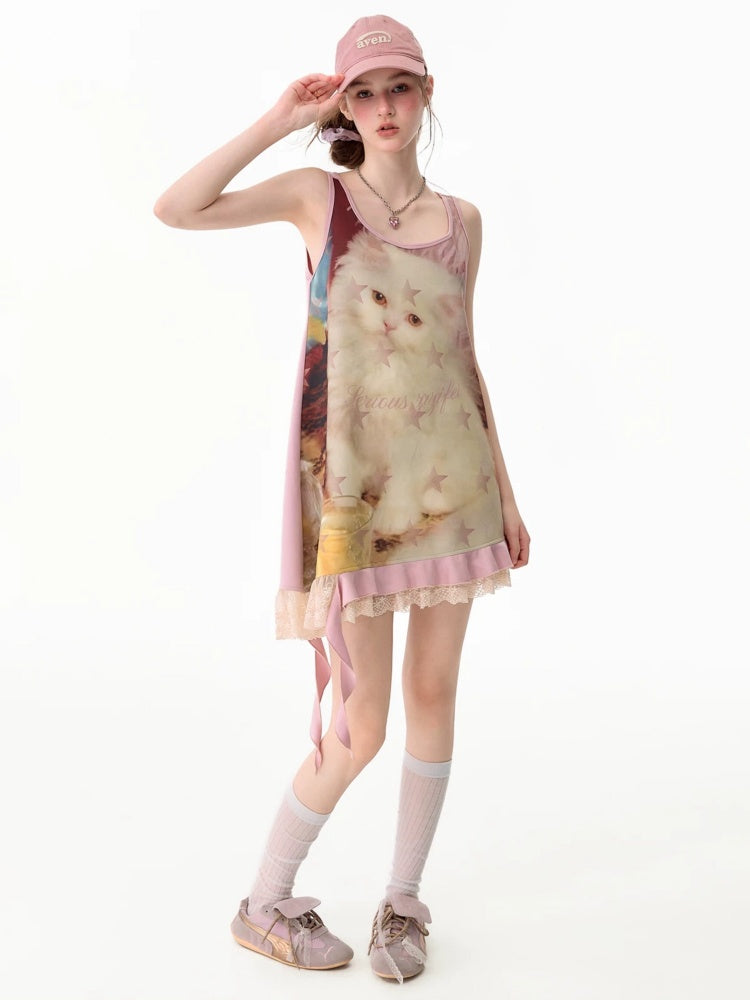 Cat Print Lace Irregular Hem Pink Vest Dress【s0000017593】