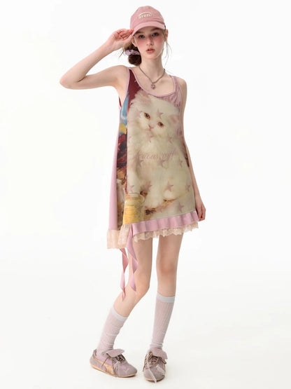 Cat Print Lace Irregular Hem Pink Vest Dress【s0000017593】