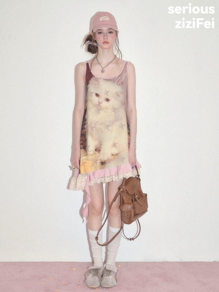 Cat Print Lace Irregular Hem Pink Vest Dress【s0000017593】