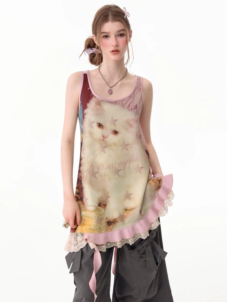 Cat Print Lace Irregular Hem Pink Vest Dress【s0000017593】