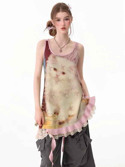 Cat Print Lace Irregular Hem Pink Vest Dress【s0000017593】