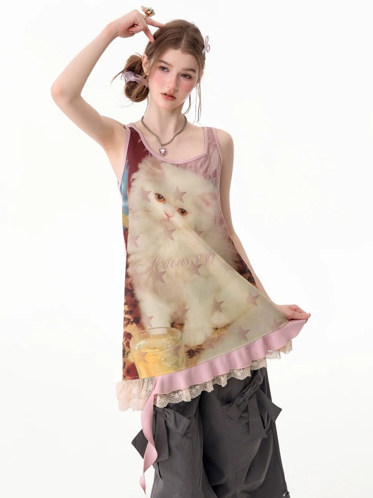 Cat Print Lace Irregular Hem Pink Vest Dress【s0000017593】