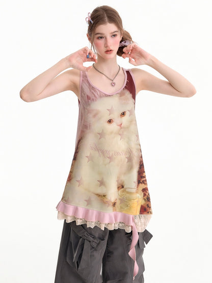 Cat Print Lace Irregular Hem Pink Vest Dress【s0000017593】