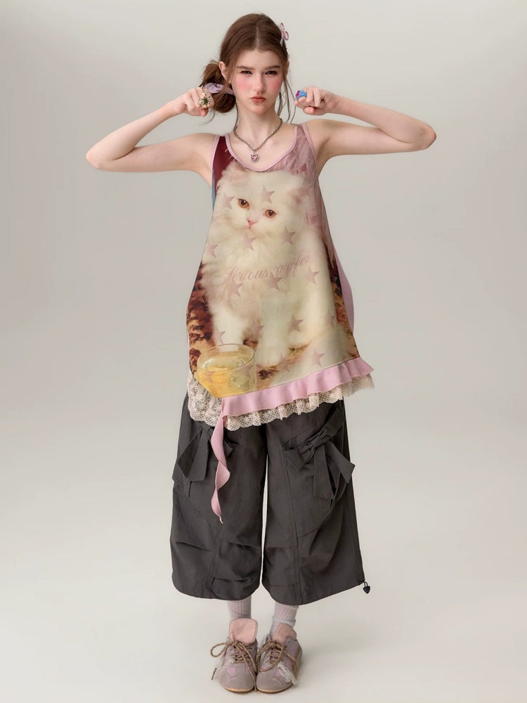 Cat Print Lace Irregular Hem Pink Vest Dress【s0000017593】