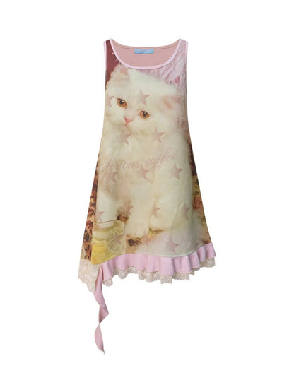 Cat Print Lace Irregular Hem Pink Vest Dress【s0000017593】