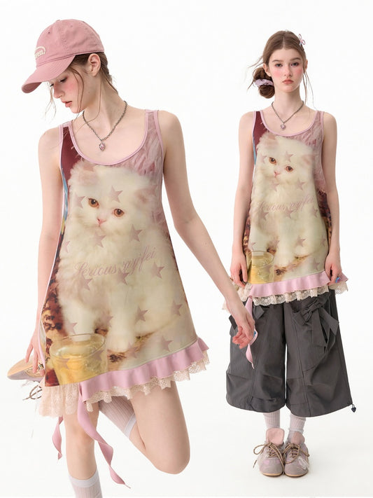 Cat Print Lace Irregular Hem Pink Vest Dress【s0000017593】