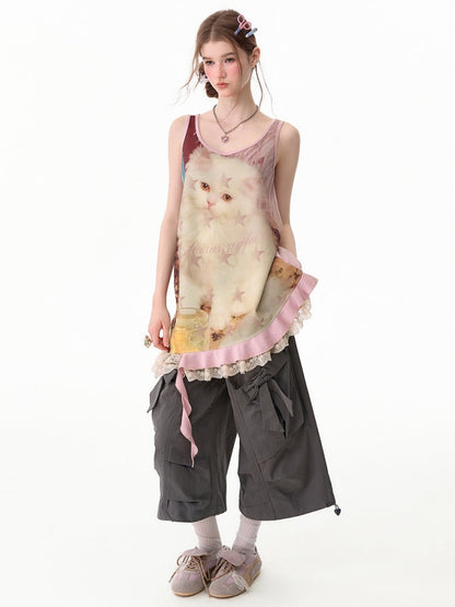 Cat Print Lace Irregular Hem Pink Vest Dress【s0000017593】
