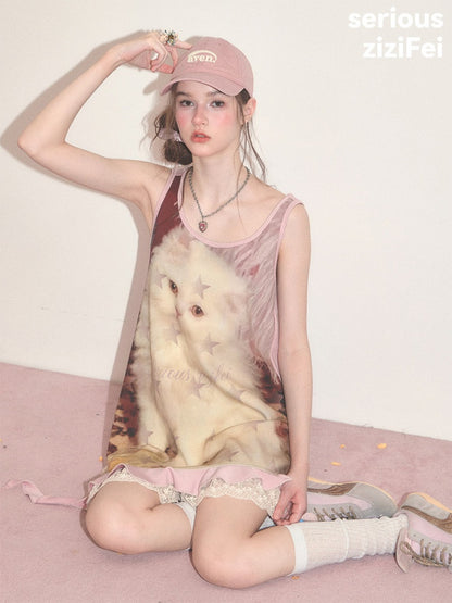 Cat Print Lace Irregular Hem Pink Vest Dress【s0000017593】