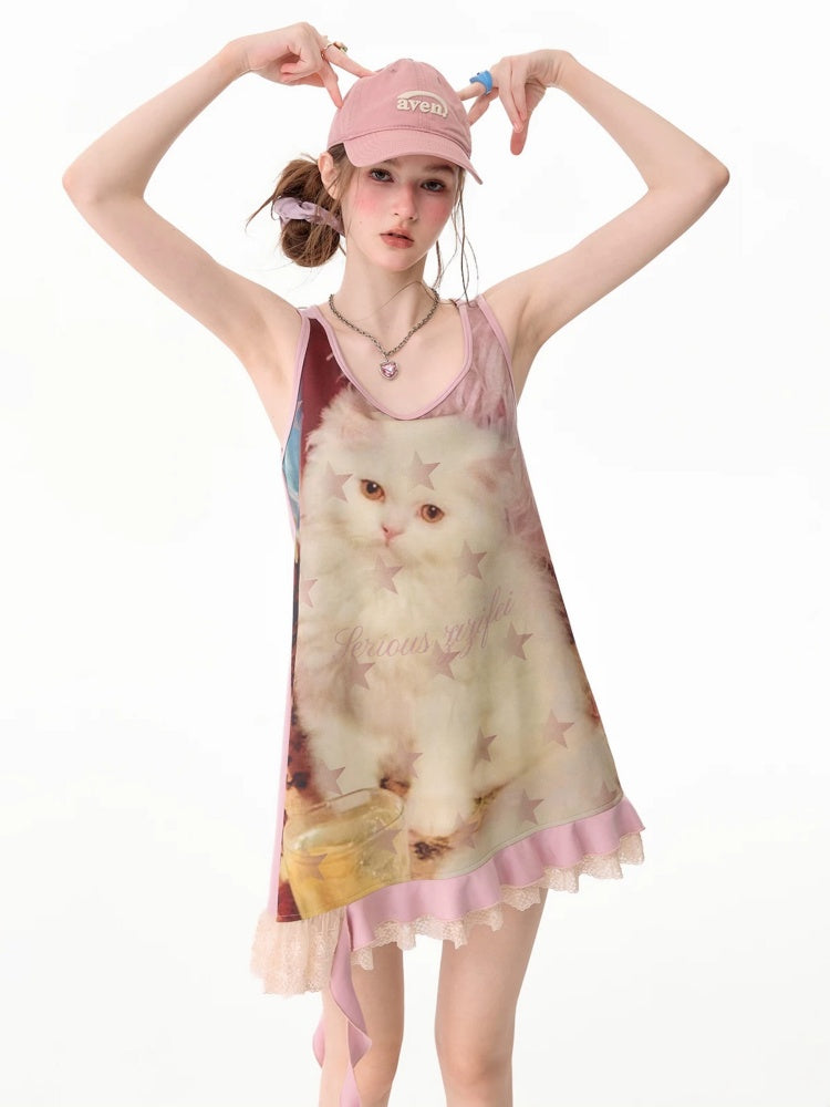 Cat Print Lace Irregular Hem Pink Vest Dress【s0000017593】