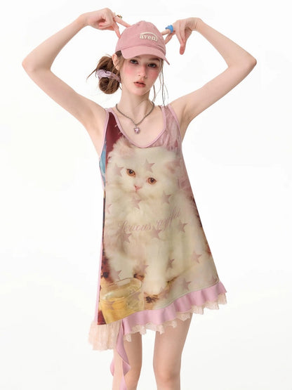 Cat Print Lace Irregular Hem Pink Vest Dress【s0000017593】