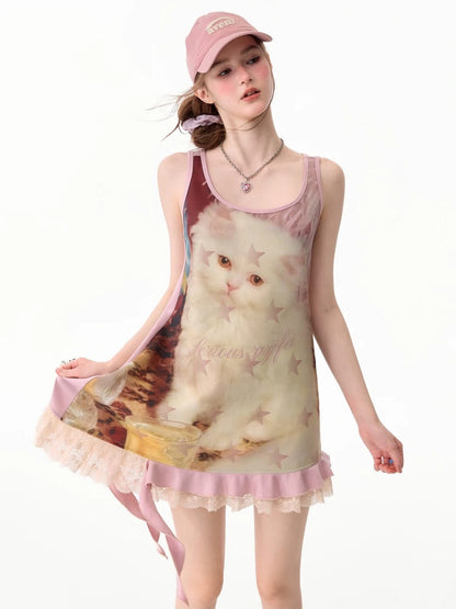 Cat Print Lace Irregular Hem Pink Vest Dress【s0000017593】