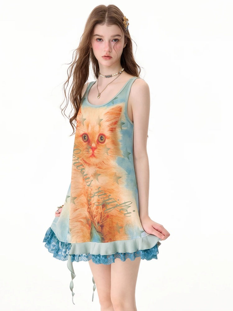 Cat Print Lace Irregular Hem Blue-Green Vest Dress【s0000017594】