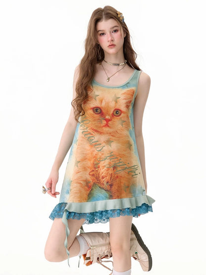 Cat Print Lace Irregular Hem Blue-Green Vest Dress【s0000017594】