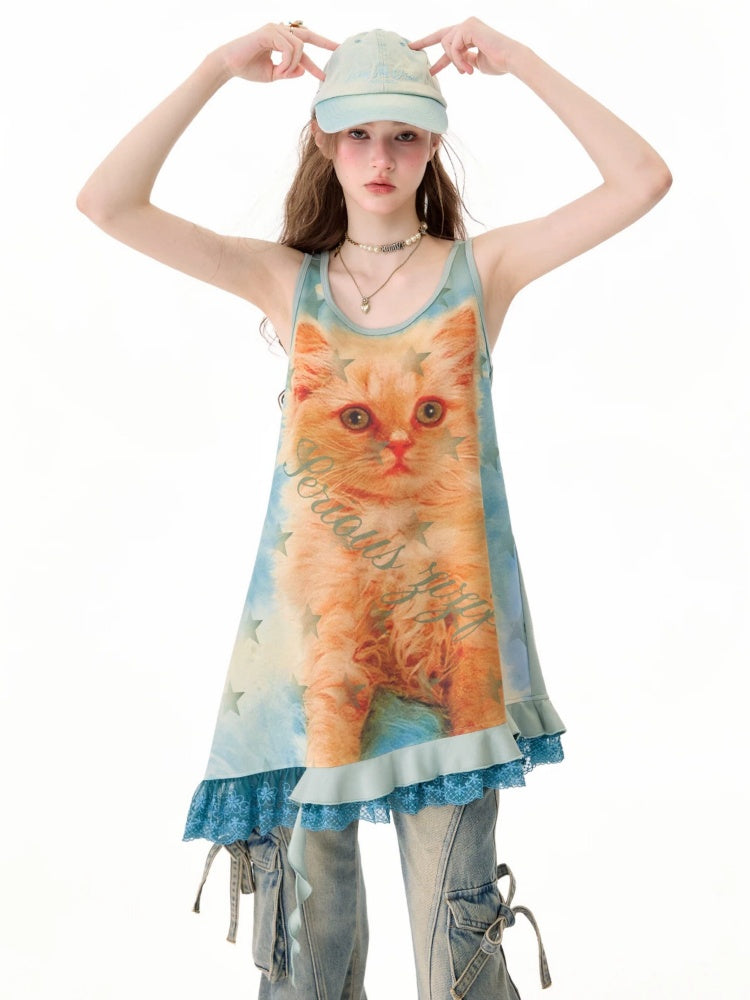 Cat Print Lace Irregular Hem Blue-Green Vest Dress【s0000017594】