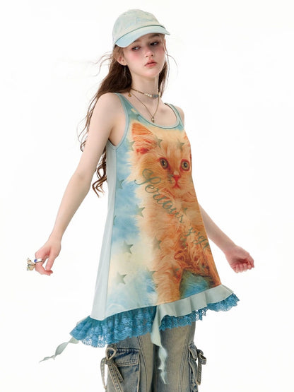 Cat Print Lace Irregular Hem Blue-Green Vest Dress【s0000017594】