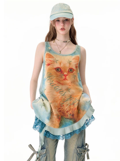 Cat Print Lace Irregular Hem Blue-Green Vest Dress【s0000017594】