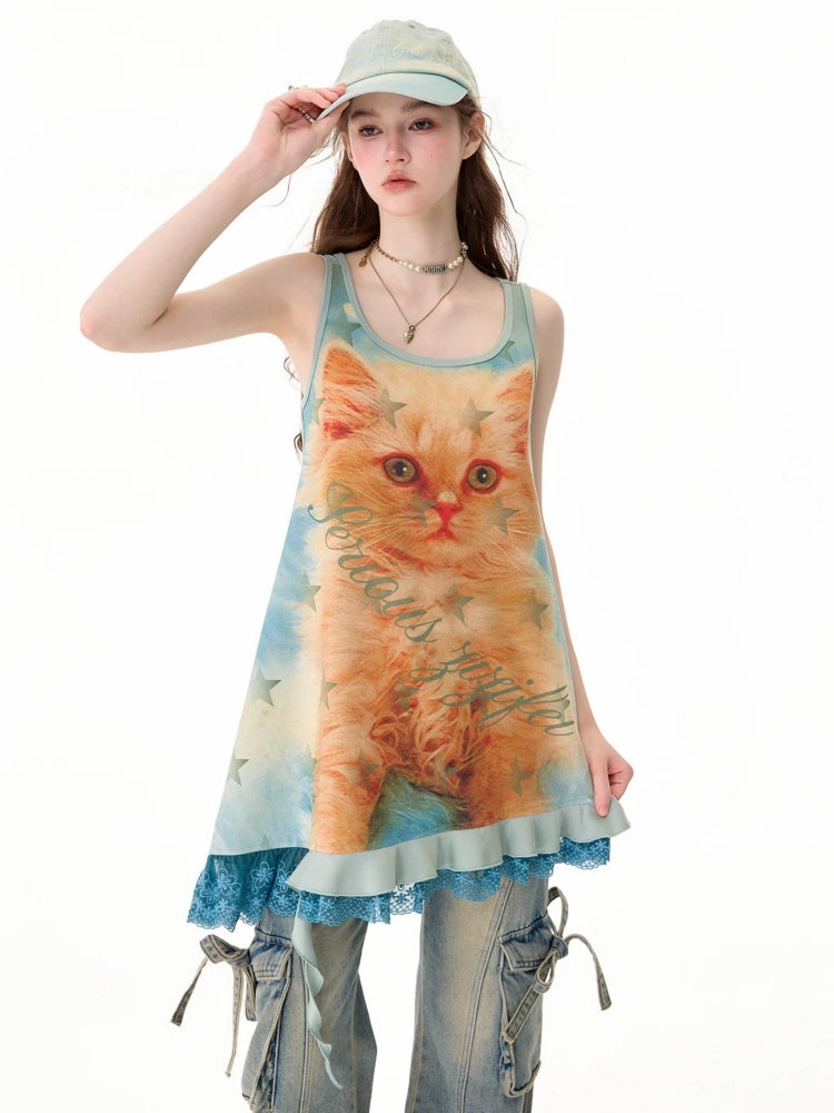 Cat Print Lace Irregular Hem Blue-Green Vest Dress【s0000017594】
