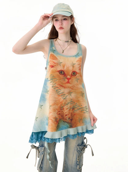 Cat Print Lace Irregular Hem Blue-Green Vest Dress【s0000017594】