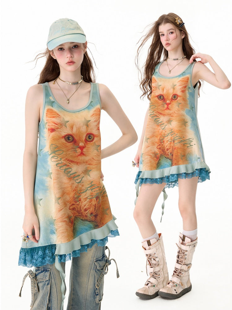 Cat Print Lace Irregular Hem Blue-Green Vest Dress【s0000017594】