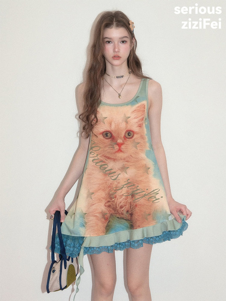 Cat Print Lace Irregular Hem Blue-Green Vest Dress【s0000017594】