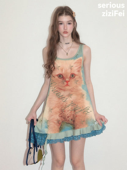 Cat Print Lace Irregular Hem Blue-Green Vest Dress【s0000017594】
