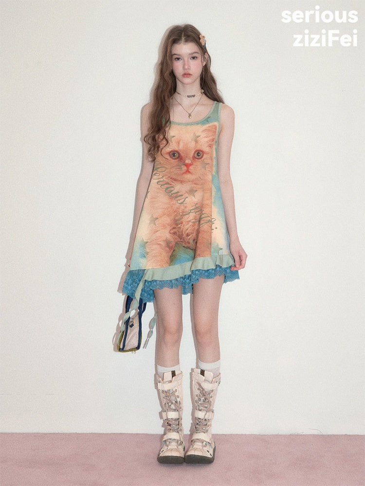 Cat Print Lace Irregular Hem Blue-Green Vest Dress【s0000017594】