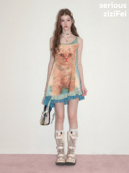Cat Print Lace Irregular Hem Blue-Green Vest Dress【s0000017594】