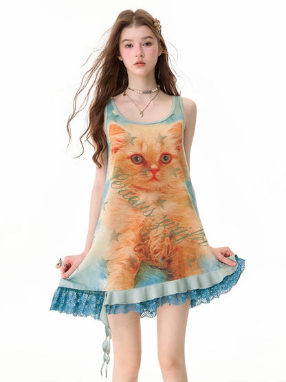 Cat Print Lace Irregular Hem Blue-Green Vest Dress【s0000017594】