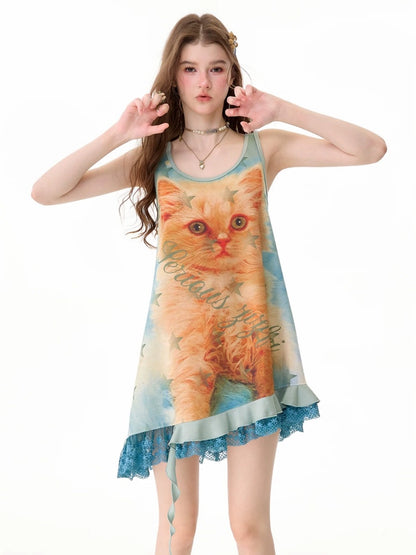 Cat Print Lace Irregular Hem Blue-Green Vest Dress【s0000017594】